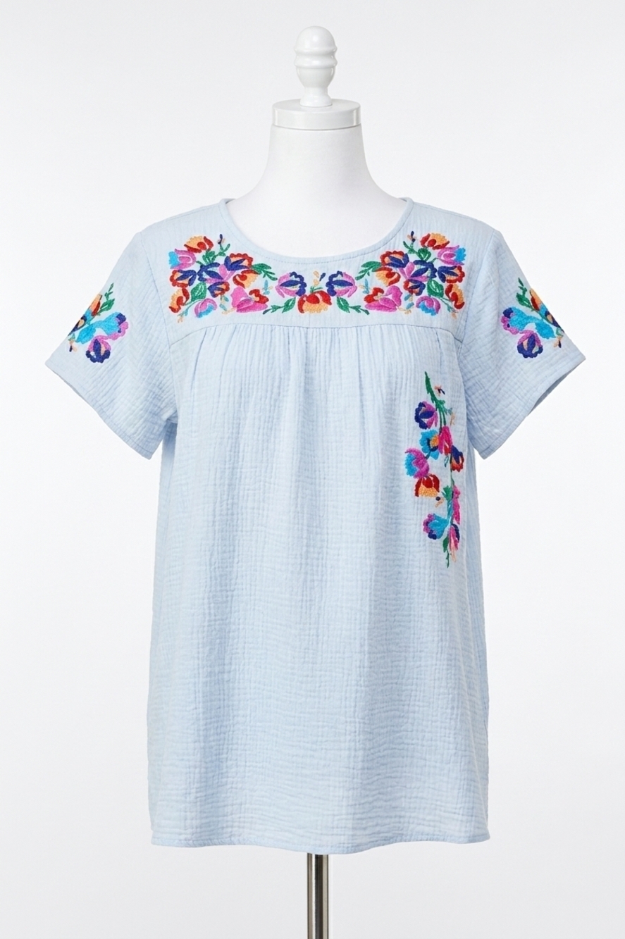 NEW SEE AND BE SEEN on the border embroidered top in sky blue